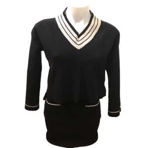Black/White V-neckline Sweater and Skirt Knit Set